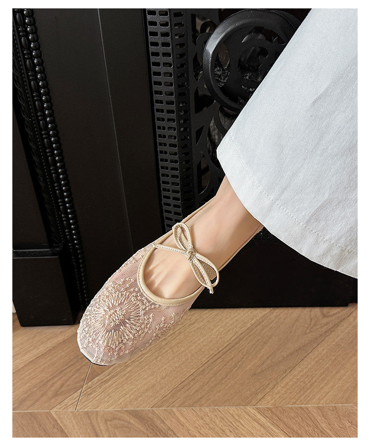 Karin Luna In Stock Spot Goods  Summer Breathable Retro Embroidered Bow Granny Shoes