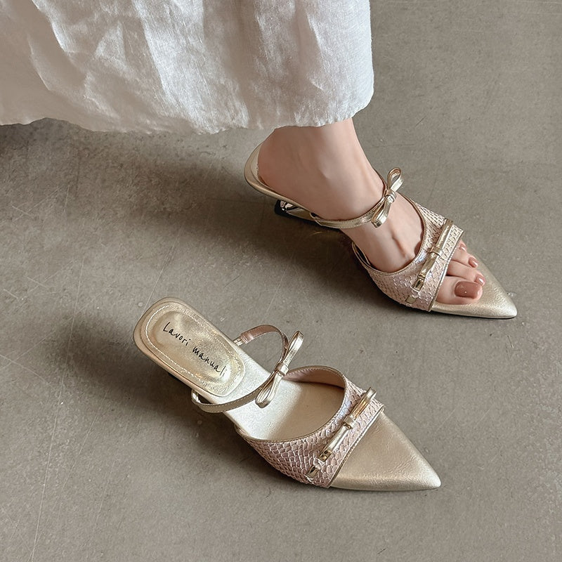 Karin Luna Fish Skin Series~Pointed Toe Irregular Heel Bowknot Strap Slippers