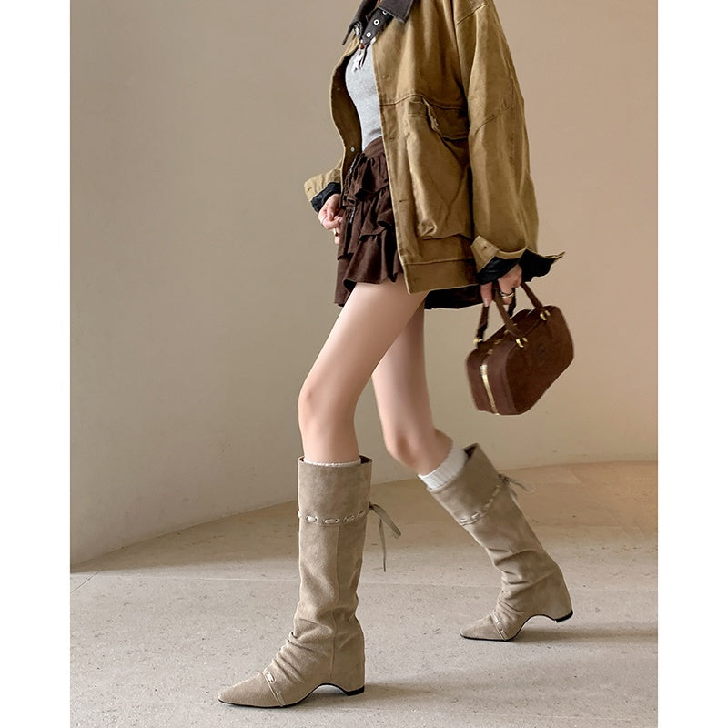 Karin Luna Elegant Style  Pointed Toe Pleated Hidden Wedge Western Boots