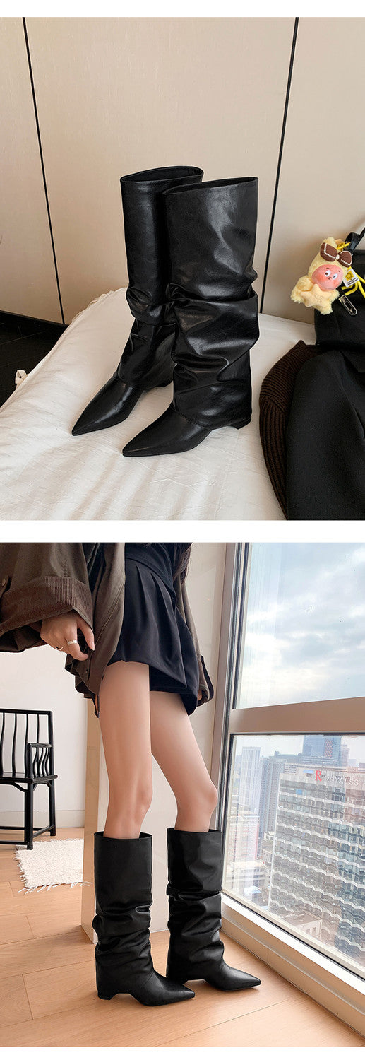 Karin Luna Elegant Style Pointed Toe Hidden Wedge Long Boots