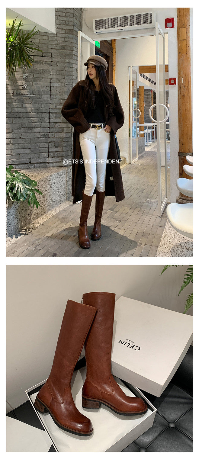 Karin Luna Basic Versatile Style Round Toe Chunky Heel Long Boots