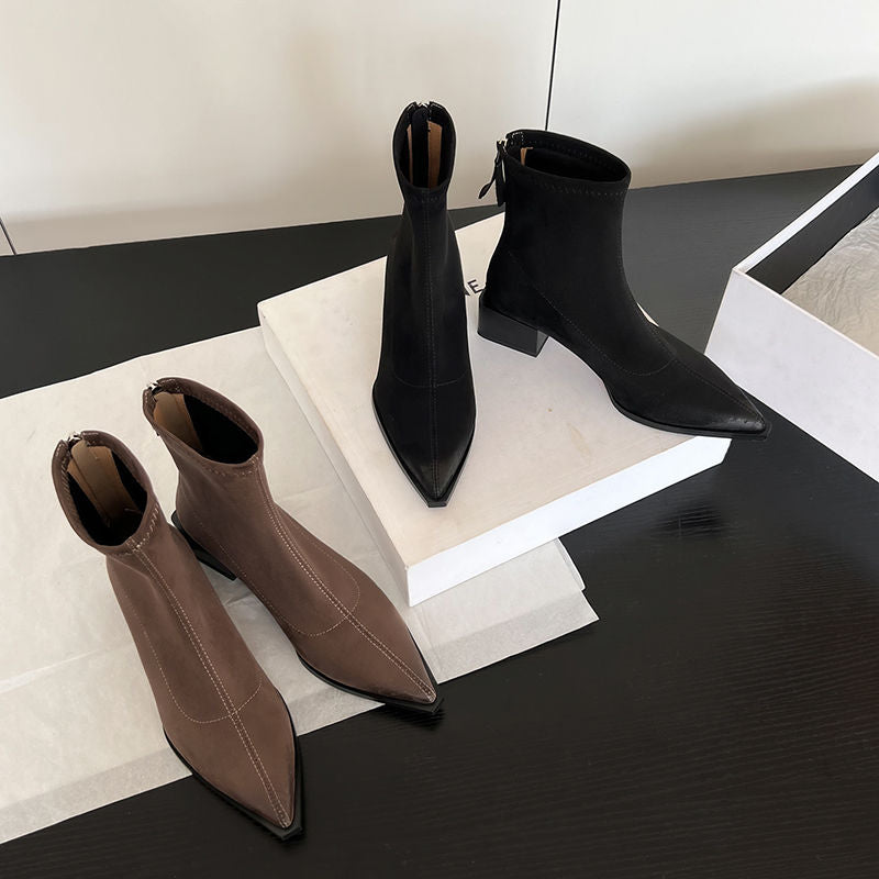 Karin Luna In Stock In Stock Elastic Slim Pointed Toe Chunky Heel Basic Ankle Boots