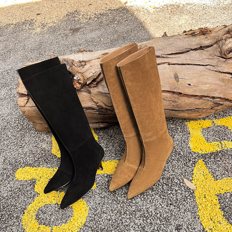 Karin Luna In Stock Spot Goods Retro Cowhide Pointed Toe Stiletto Elegant Long Boots