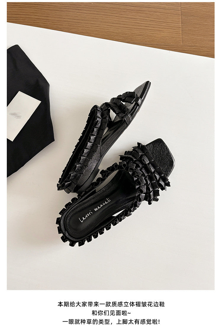 Karin Luna In Stock   Spot Goods  Niche Design Square-Toed Pleated Flat Slippers