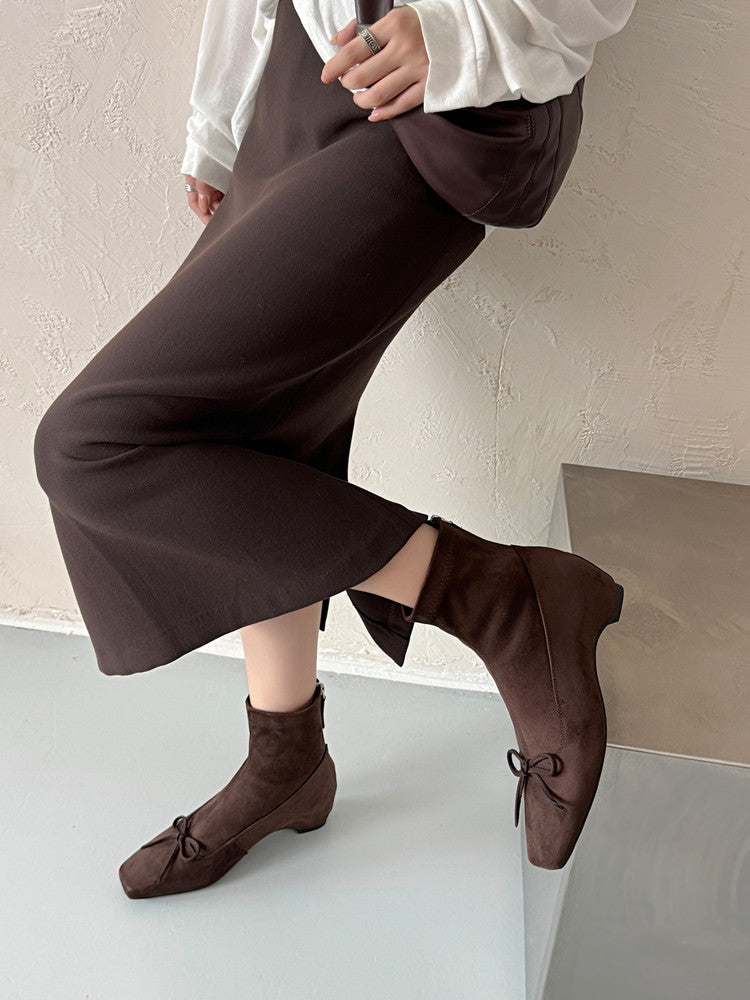 Karin Luna French Style Square Toe Bowknot Hidden Wedge Slim Boots