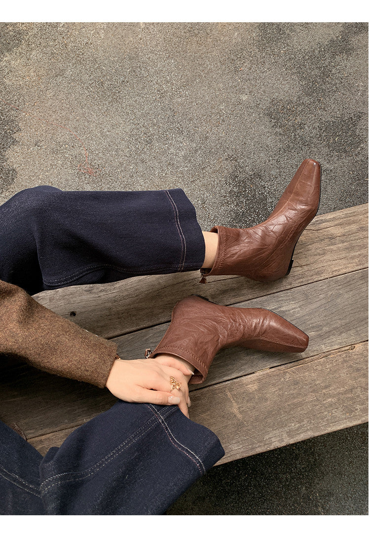 Karin Luna In Stock Spot Goods Slim Series  Hidden Wedge Small Square Toe Back Zipper Short Boots