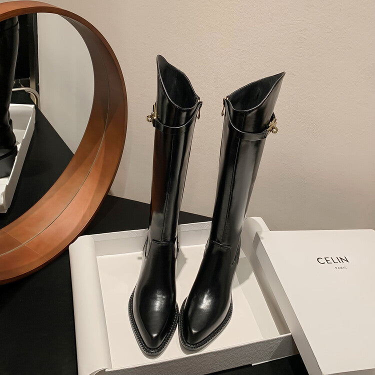 Karin Luna Hot-Selling Fasteners Sold as soon as listed Comes with data plan included Pointed Toe Chunky Heel Classic Full Cowhide Leather Riding Boots