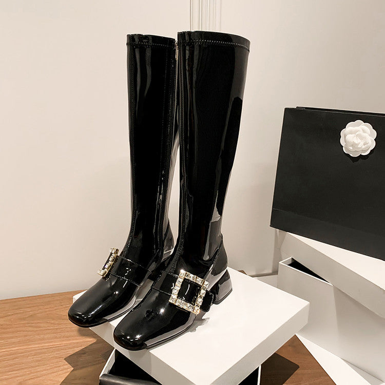 Karin Luna Elegant Style Ultra Slimming Rhinestone Chunky Heel British Style Riding Boots Long Boots