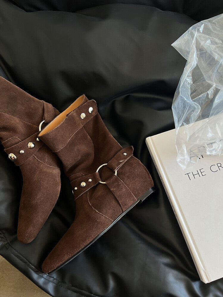 Karin Luna has prepared stock  Hot-Selling Retro Pointed Toe Wedge Metal Buckle High Tube Western Boots