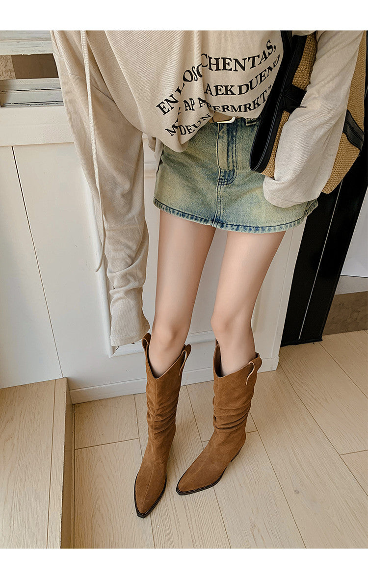 Karin Luna Elegant Style  Pointed Toe Wrinkled Wide Western Boots