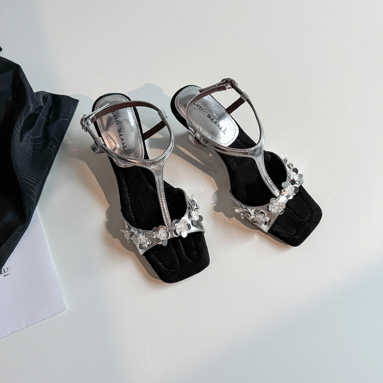 Karin Luna Hot-Selling Sequin Floral Series ~  Square Toe Irregular Heel Square Toe Sandals