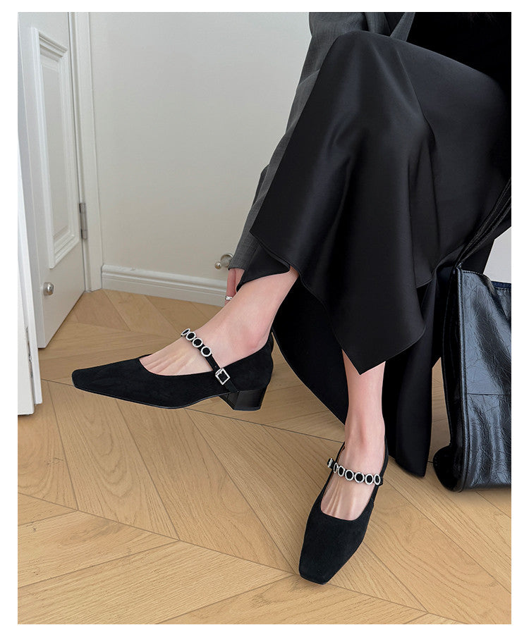 Karin Luna In Stock Spot Goods  Vintage Full Leather Square Toe Rhinestone Strap Shallow Mouth Single Shoes
