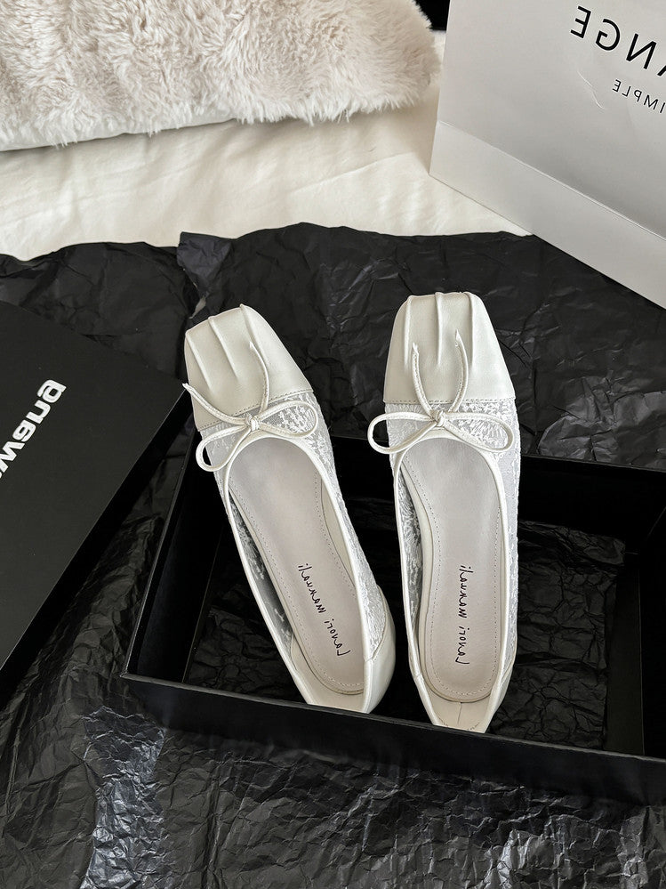 Karin Luna In Stock In Stock  Wrinkled Square Toe Patchwork Breathable Mesh Bow Granny Shoes