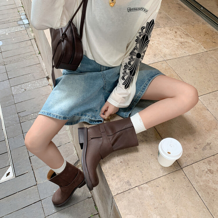 Karin Luna Belt Buckle Chunky Heel Fashion Short Boots