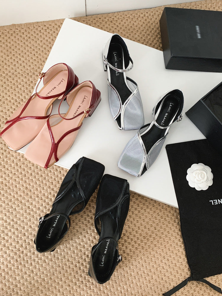 Karin Luna In Stock In Stock  Internet Celebrity Style Square Toe Mesh Chunky Heel Sandals