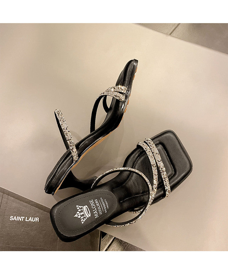 Karin Luna In Stock Spot Goods  Minimalist Versatile Square Toe Rhinestone Strap Open-Toe Sandals