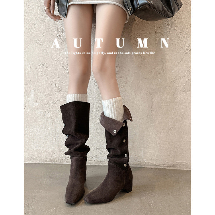 Karin Luna Bestseller Hot-Selling Hidden Buckle Lazy Style Square-Toe Height-Increasing Suede Western Boots
