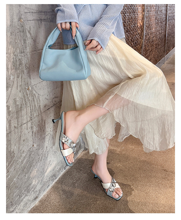 Karin Luna In Stock Spot Goods  Sequin Floral Cross Strap Square Toe Stiletto Slippers