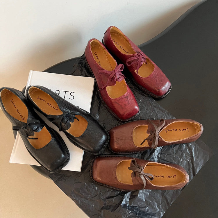 Karin Luna In Stock Spot Goods   Full leather inside and out Vegetable Tanned Hand-Grabbed Sheepskin Square-Toed Chunky Heel Single Shoes