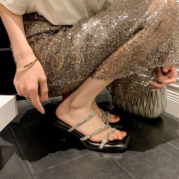 Karin Luna In Stock Spot Goods  Minimalist Versatile Square Toe Rhinestone Strap Open-Toe Sandals
