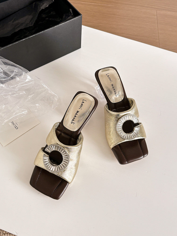 Karin Luna In Stock  Spot Goods  Large Rhinestone Square-Toed Crystal Heel Slippers