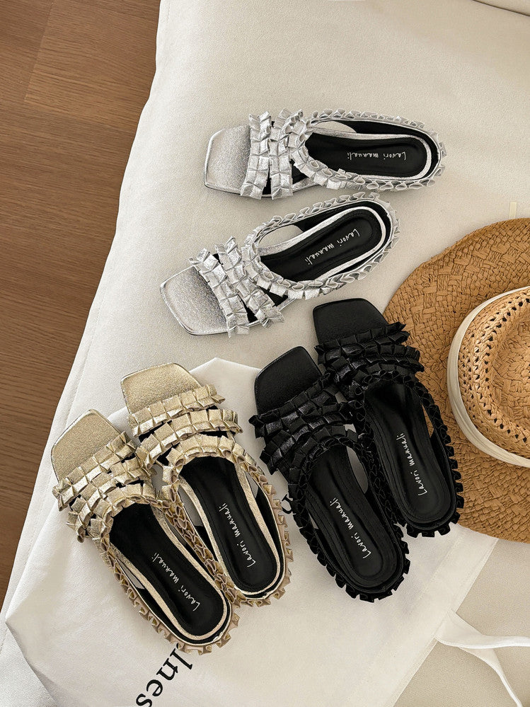 Karin Luna In Stock   Spot Goods  Niche Design Square-Toed Pleated Flat Slippers