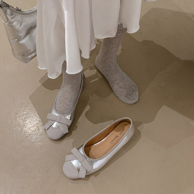 Karin Luna In Stock Spot Goods    Color Block Sweet Bowknot Hidden Wedge Shallow Mouth Flats