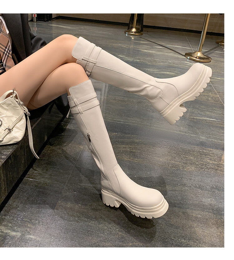 Karin Luna In Stock  Round Toe Thick Sole Casual Belt Buckle Long Boots