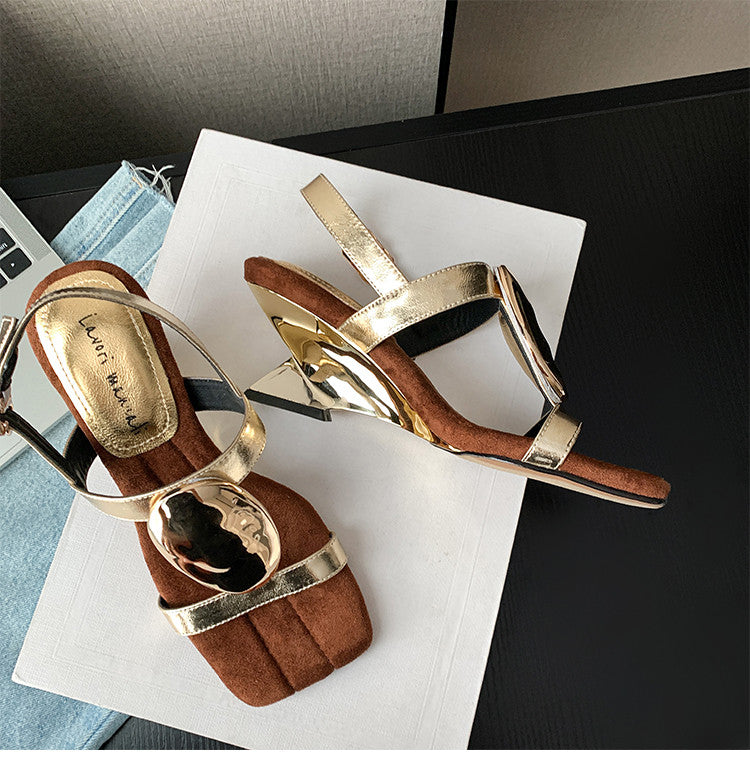 Karin Luna In Stock In Stock  Square Toe Suede Metal Heel Elegant Sandals