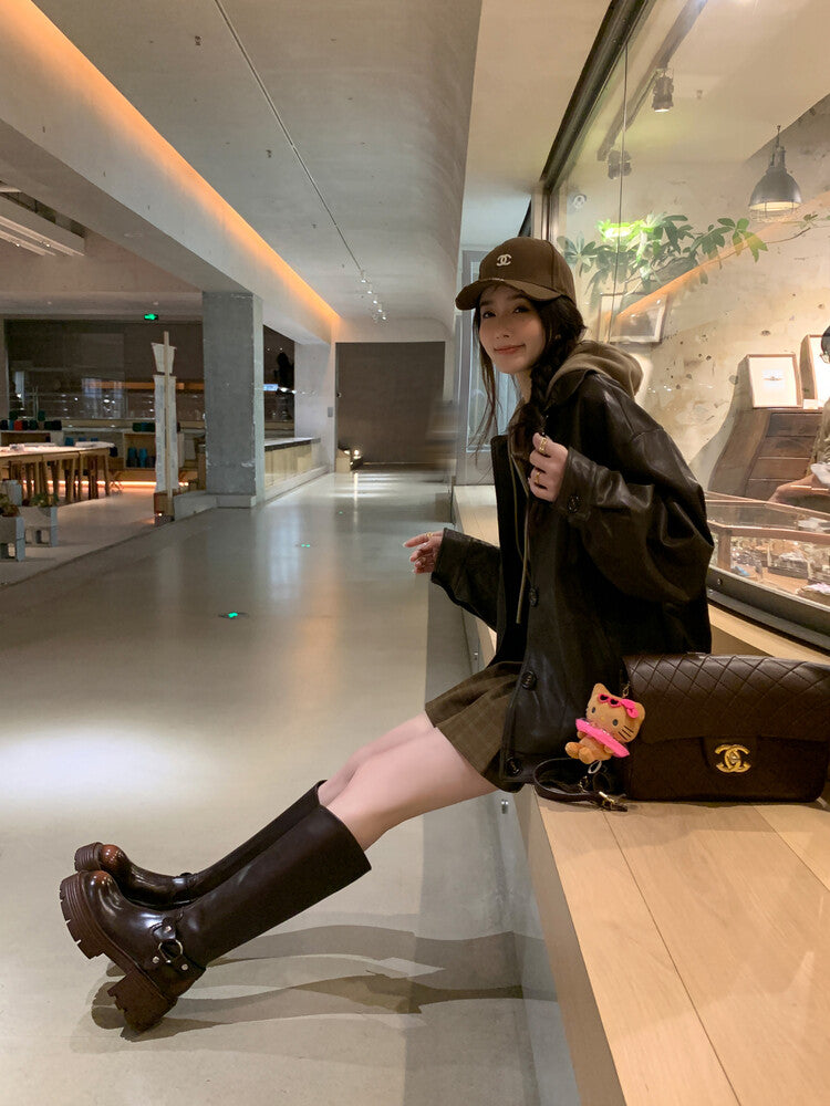 Karin Luna In Stock In Stock Slimming Diagonal Cut Tube Top  Best-selling in stock Retro Metal Buckle Thick-Soled Long Boots