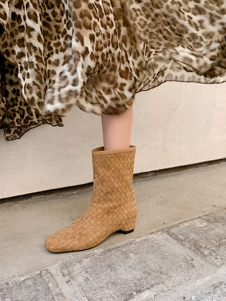 Karin Luna Handmade Woven Fabric Small Square Toe Hidden Heel Short Boots