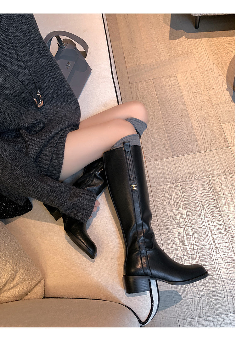 Karin Luna In Stock Spot Goods Basic Retro Square Toe Chunky Heel Riding Boots