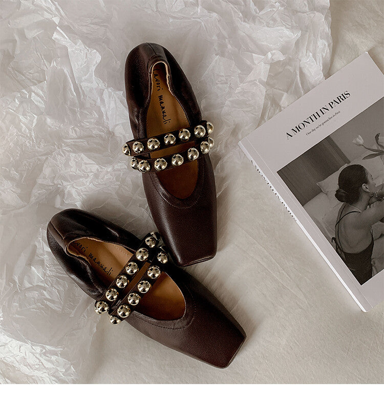 Karin Luna In Stock Spot Goods  Pig Nose Metal Strap Super Soft Granny Full Leather Mary Jane Shoes