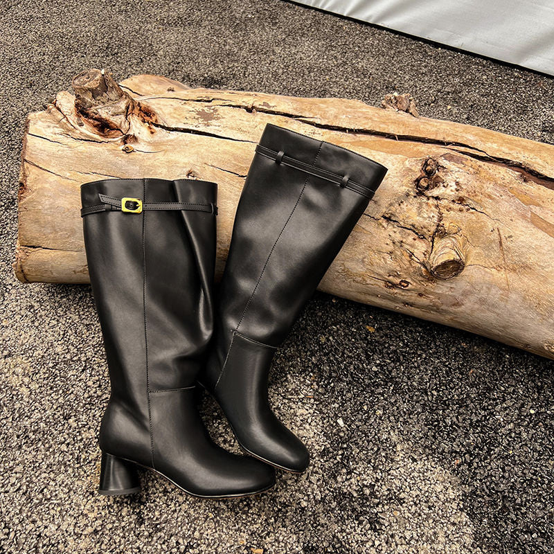 Karin Luna In Stock In Stock Mango Head Large Tube Belt Buckle Chunky Heel Long Boots