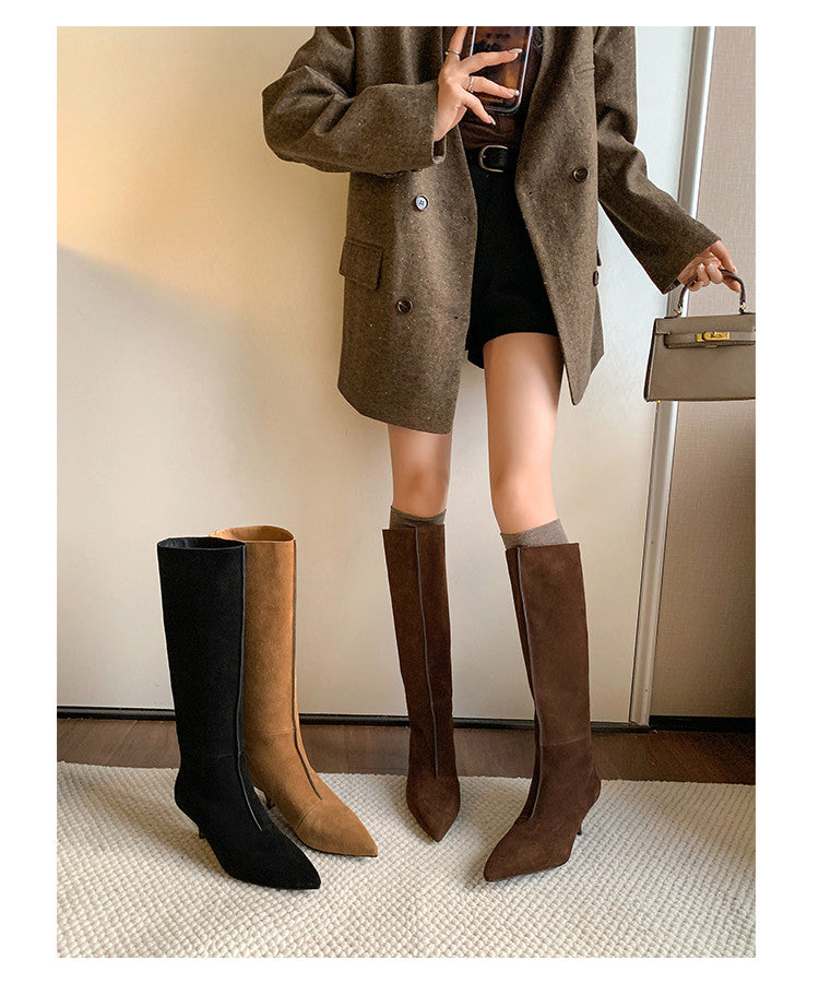 Karin Luna In Stock Spot Goods Retro Cowhide Pointed Toe Stiletto Elegant Long Boots