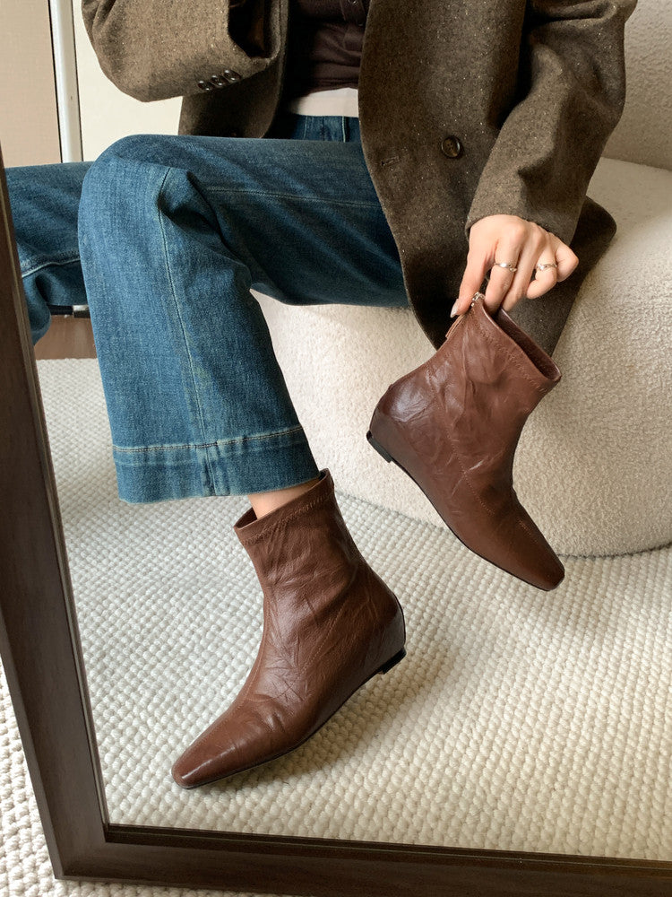 Karin Luna In Stock Spot Goods Slim Series  Hidden Wedge Small Square Toe Back Zipper Short Boots