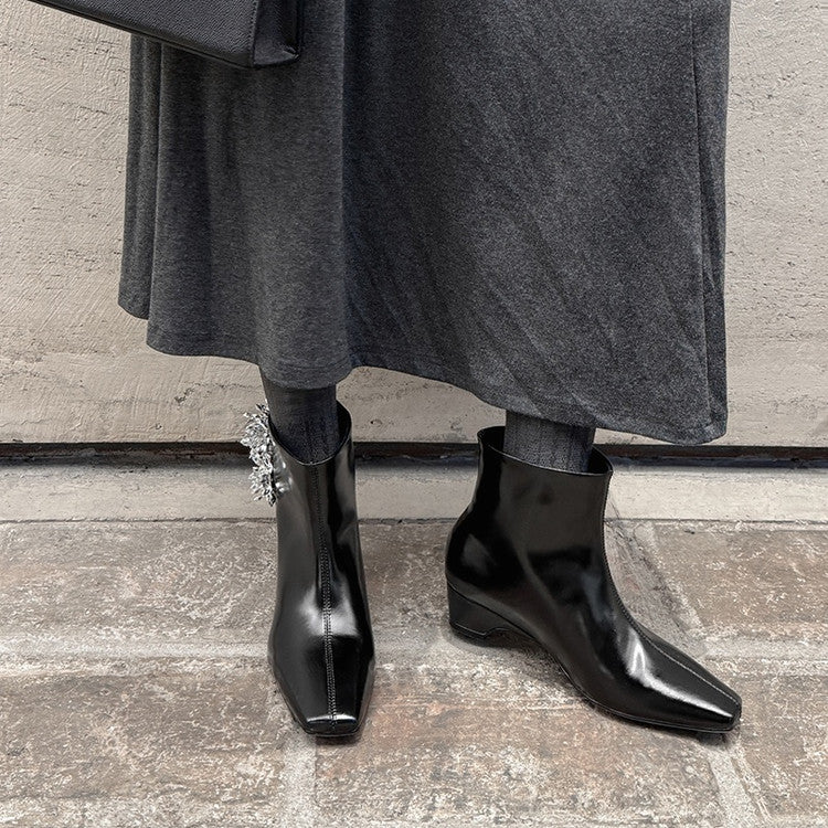 Karin Luna Elegant Style Square Toe Flower Design Height Increasing Short Boots with Two Front and Back Options