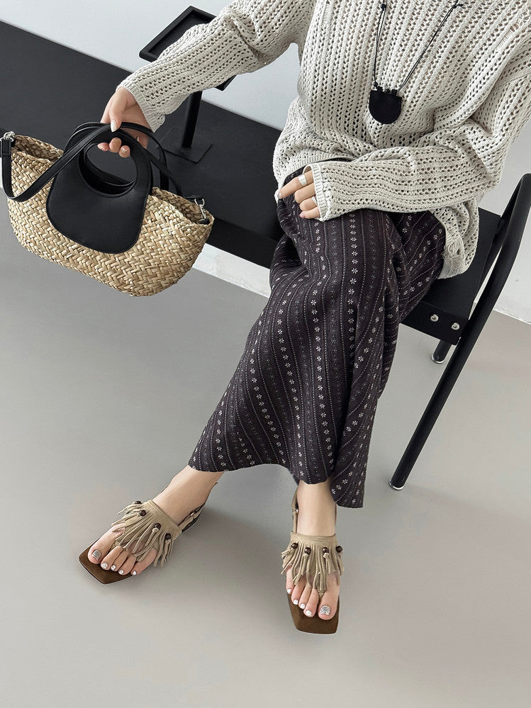 Karin Luna  Tassel Series~Spot Goods  In-stock Clip-toe Square Toe Sandals