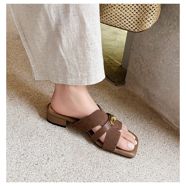 Karin Luna Comfortable Gold Buckle Square Toe Chunky Heel Casual Style Slippers