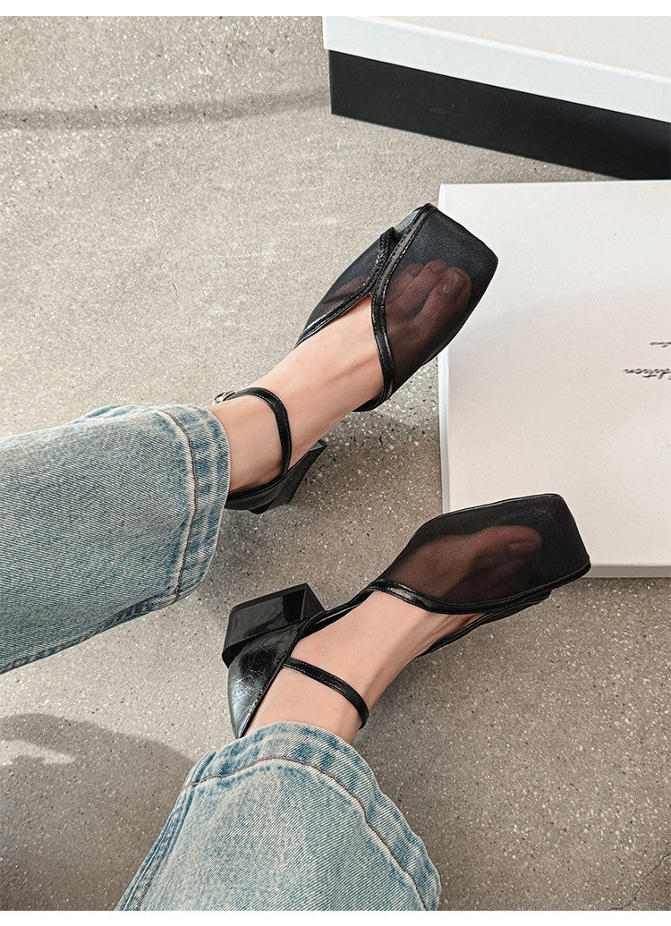 Karin Luna In Stock In Stock  Internet Celebrity Style Square Toe Mesh Chunky Heel Sandals