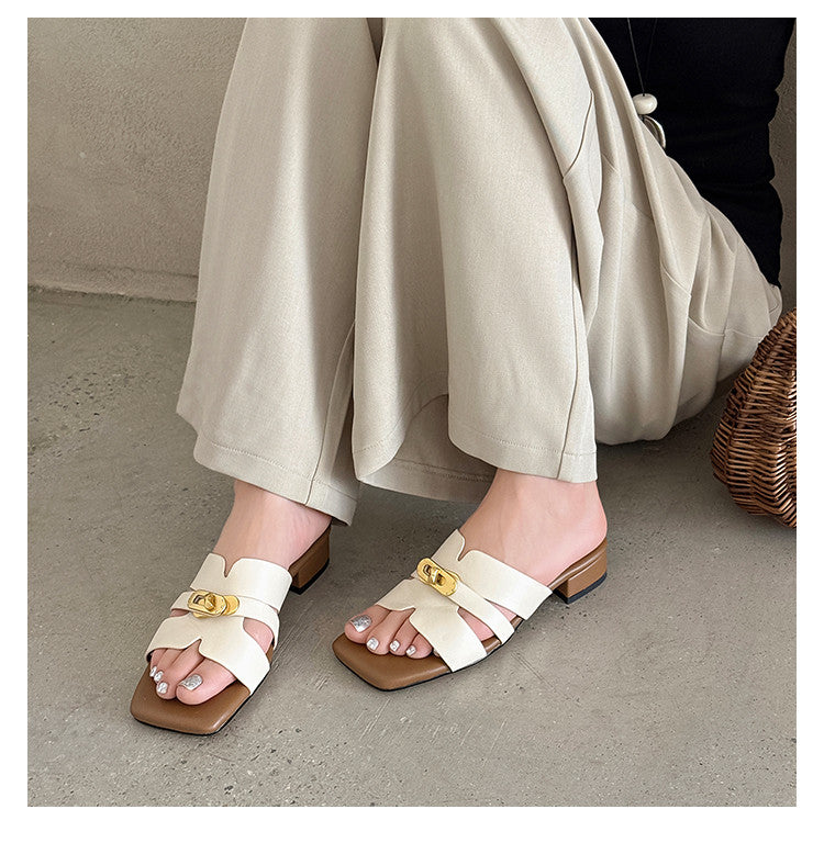 Karin Luna Comfortable Gold Buckle Square Toe Chunky Heel Casual Style Slippers