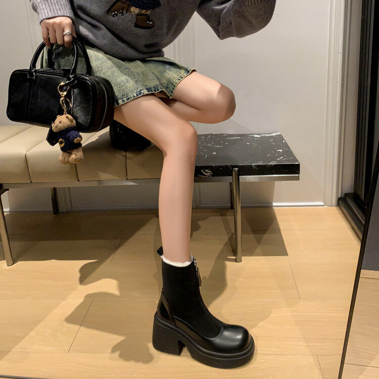 Karin Luna Basic Bestseller Timeless Thick Fur Lined Round Toe Thick Sole Cowhide Snow Boots