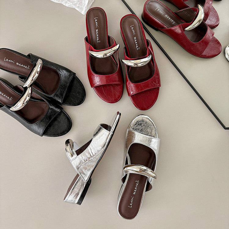 Karin Luna In Stock Spot Goods  Metal Buckle Round Toe Strap Slippers