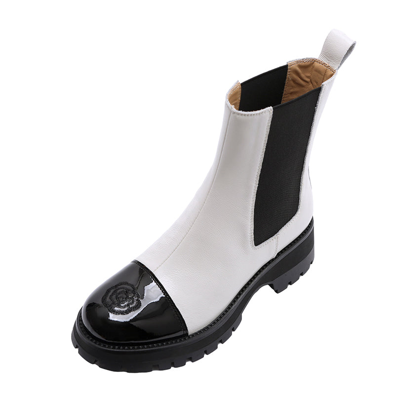 Karin Luna In Stock Spot Goods  Classic Embroidered Camellia Round Toe Thick Sole Chelsea Boots