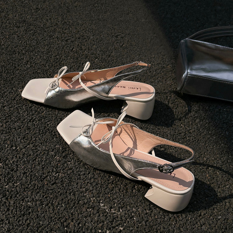 Karin Luna In Stock Spot Goods Square Toe Double Bow Thick Heel Sandals