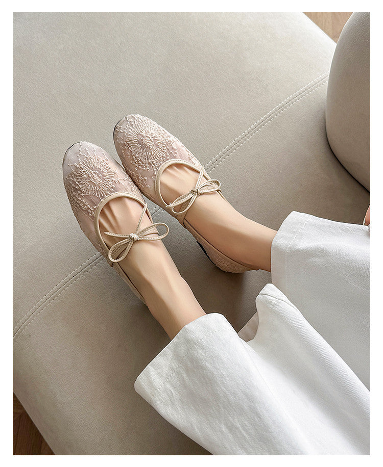 Karin Luna In Stock Spot Goods  Summer Breathable Retro Embroidered Bow Granny Shoes