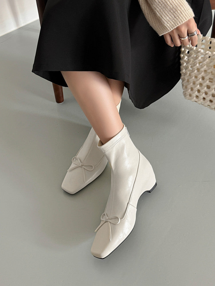 Karin Luna French Style Square Toe Bowknot Hidden Wedge Slim Boots