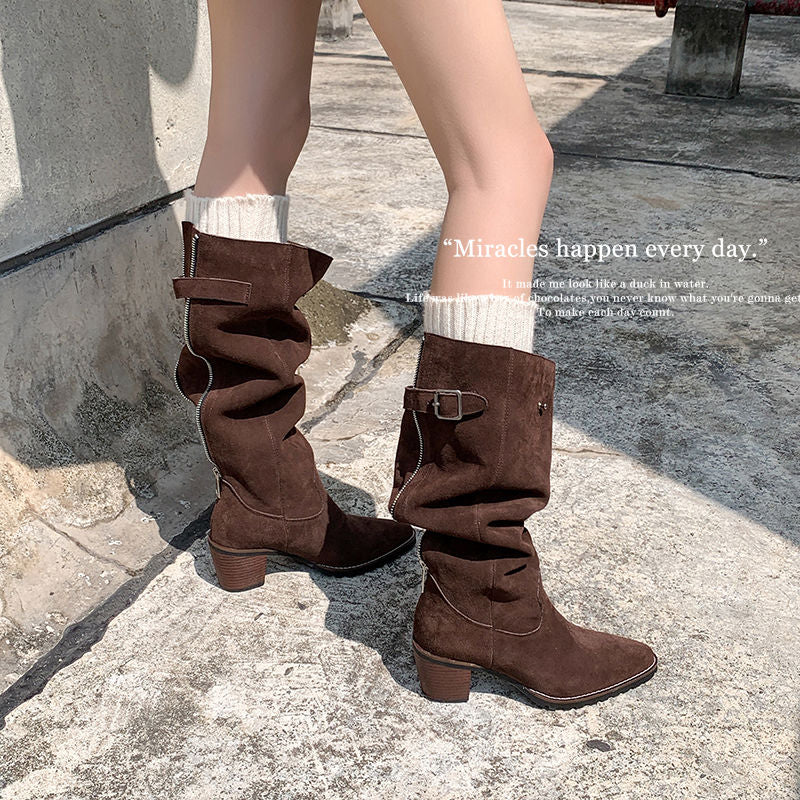 Karin Luna In Stock Spot Goods Retro Cowhide Leather Chunky Heel Suede Long Boots