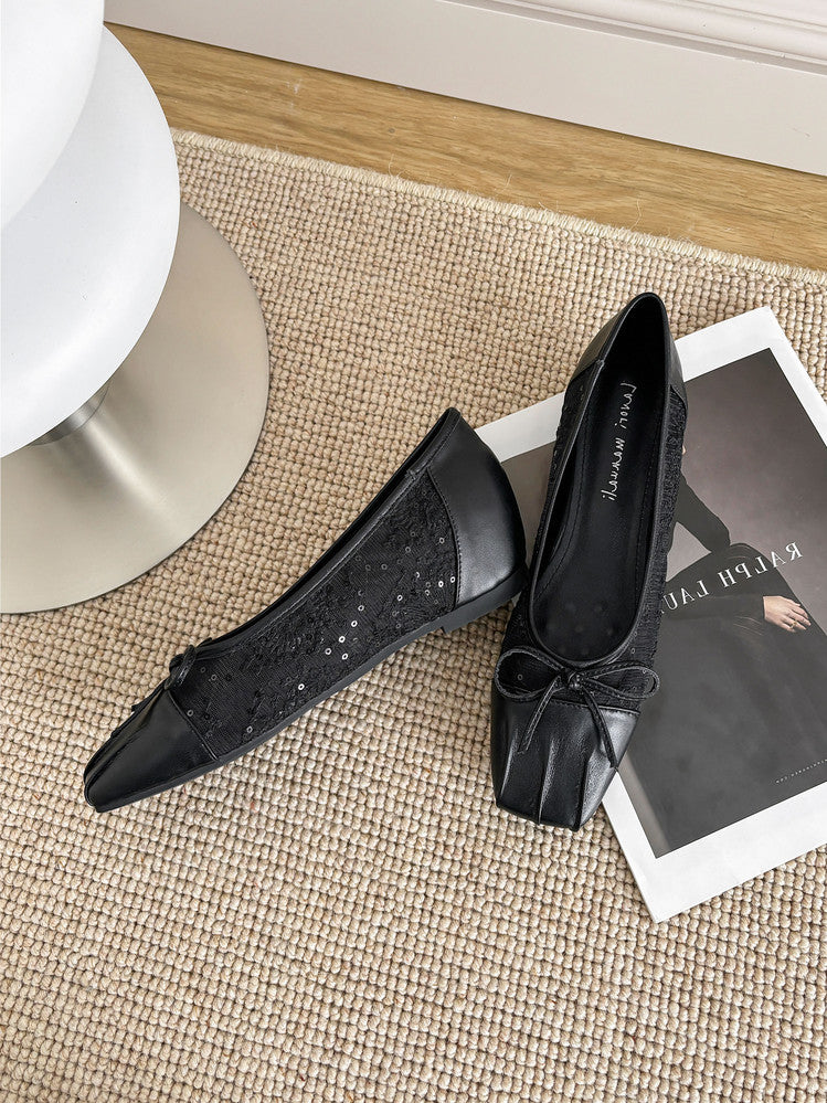 Karin Luna In Stock In Stock  Wrinkled Square Toe Patchwork Breathable Mesh Bow Granny Shoes
