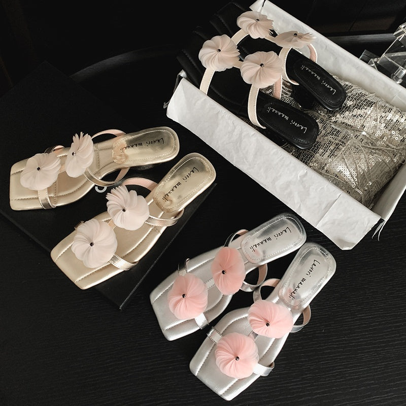 Karin Luna Hot-Selling Floral Square Toe Irregular Heel Floral Slippers